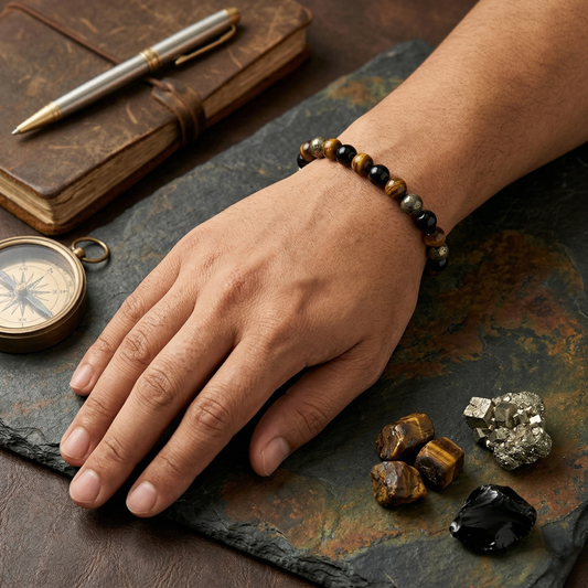 Triple Protection Bracelet – Natural Hematite, Tiger Eye & Black Obsidian Beaded Bracelet for Protection, Strength & Positive Energy