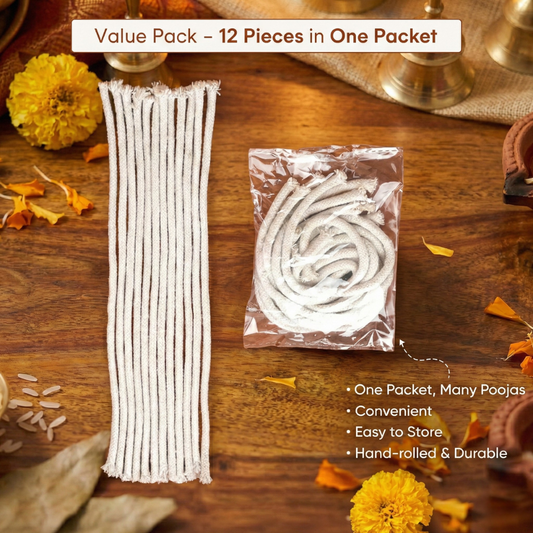 Akhand Diya Long Cotton Wicks – 50 CM | 12 Pieces | Pure Cotton Pooja Batti
