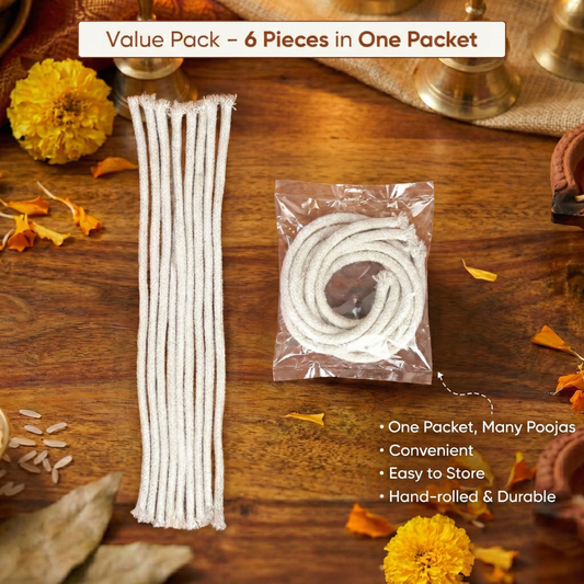 Akhand Diya Long Cotton Wicks – 50 CM | 6 Pieces | Pure Cotton Pooja Batti