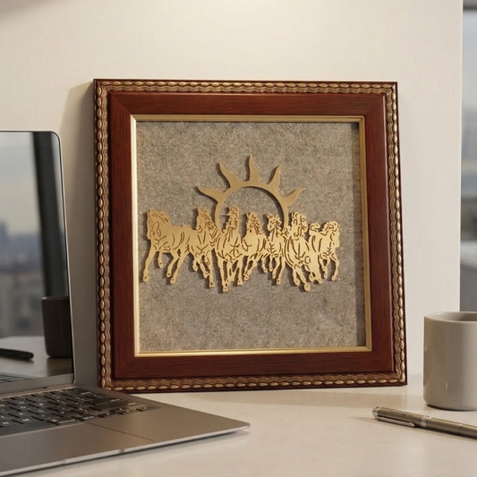 7 Horses Running Frame with Raw Pyrite Stones – Wealth, Success & Positive Energy