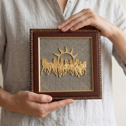 7 Horses Running Frame with Raw Pyrite Stones – Wealth, Success & Positive Energy