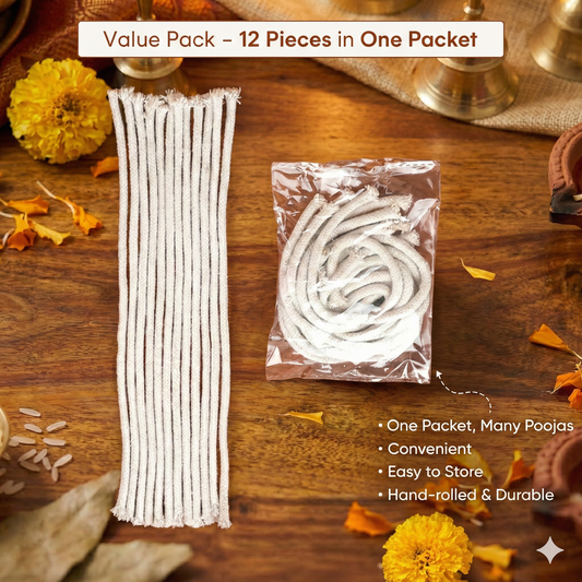 Akhand Diya Long Cotton Wicks – 50 CM | 6 Pieces | Pure Cotton Pooja Batti