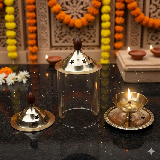 Handcrafted Brass and Glass Akhand Jyot Diya with Star-Cut Lid – Traditional Indian Deepawali Oil Lamp & Prayer Decor