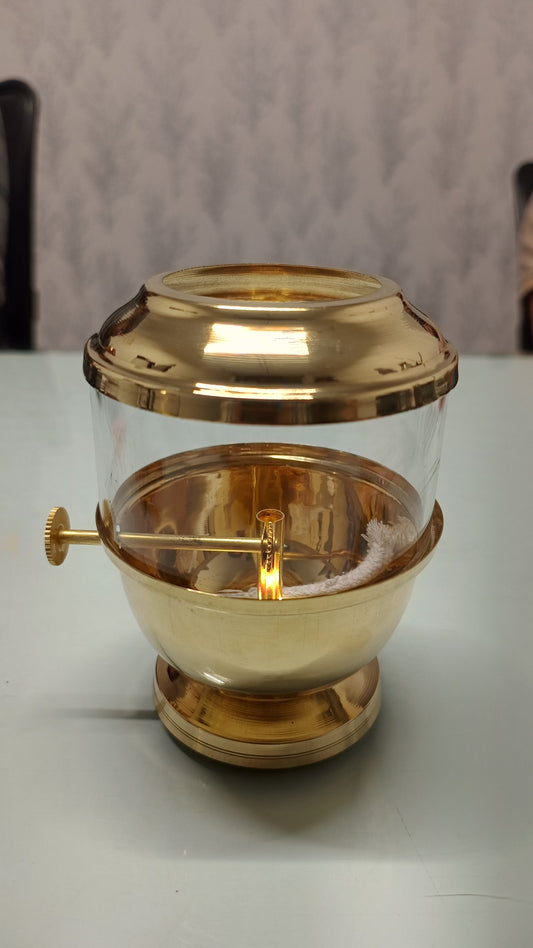 Handcrafted Pure Brass Diya with Wick-Lifting System & Glass Dome