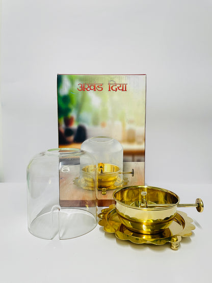 Handcrafted Pure Brass Diya with Wick-Lifting System & Glass Dome