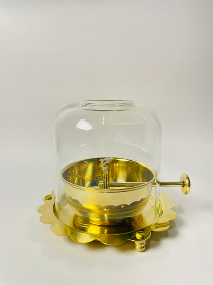 Handcrafted Pure Brass Diya with Wick-Lifting System & Glass Dome