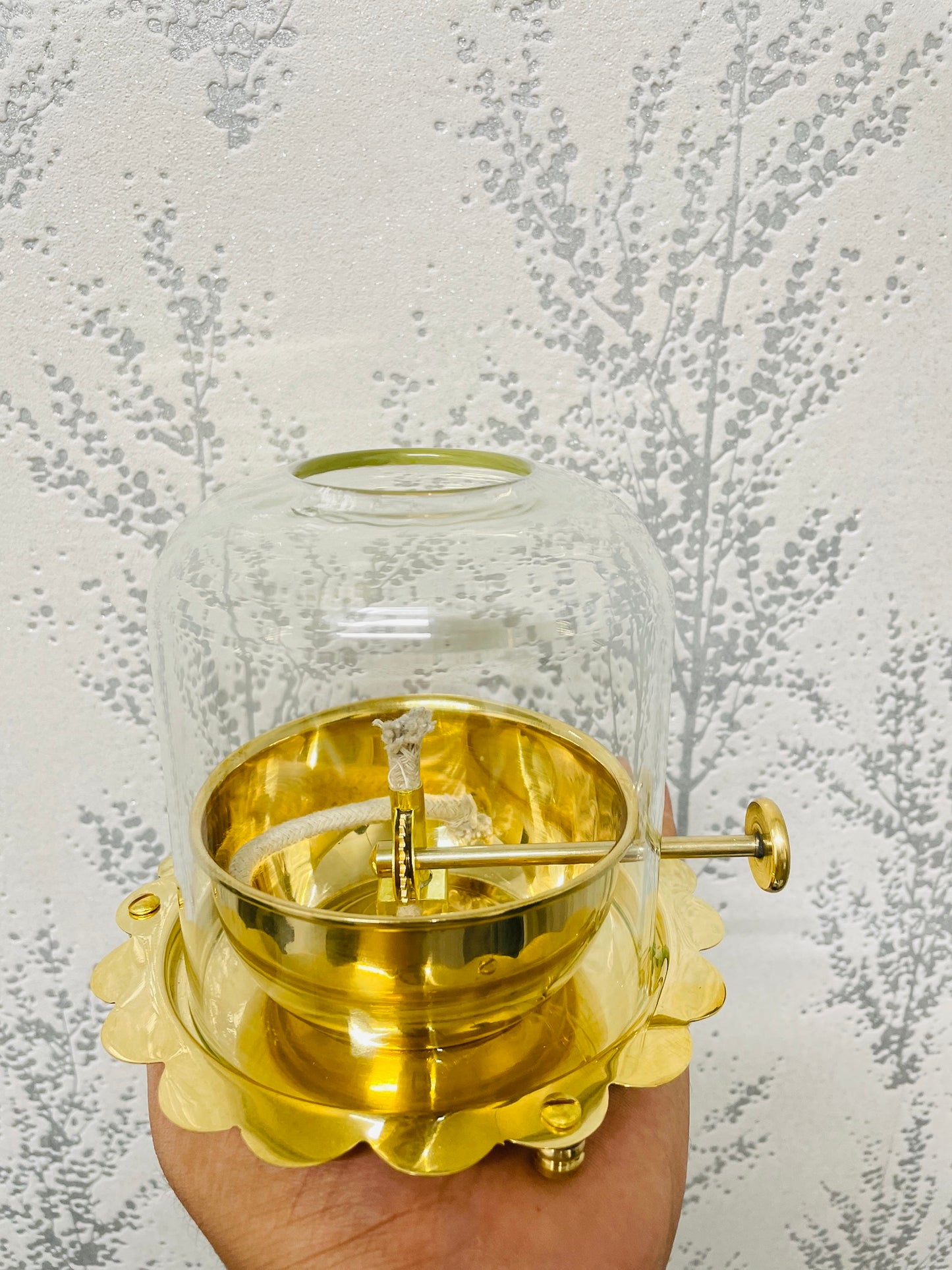 Handcrafted Pure Brass Diya with Wick-Lifting System & Glass Dome