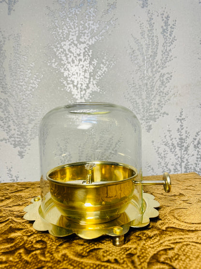 Handcrafted Pure Brass Diya with Wick-Lifting System & Glass Dome