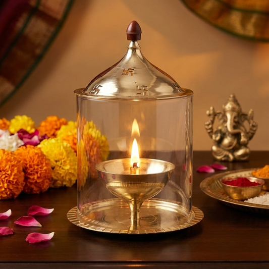 Handcrafted Brass and Glass Akhand Jyot Diya with Star-Cut Lid – Traditional Indian Deepawali Oil Lamp & Prayer Decor